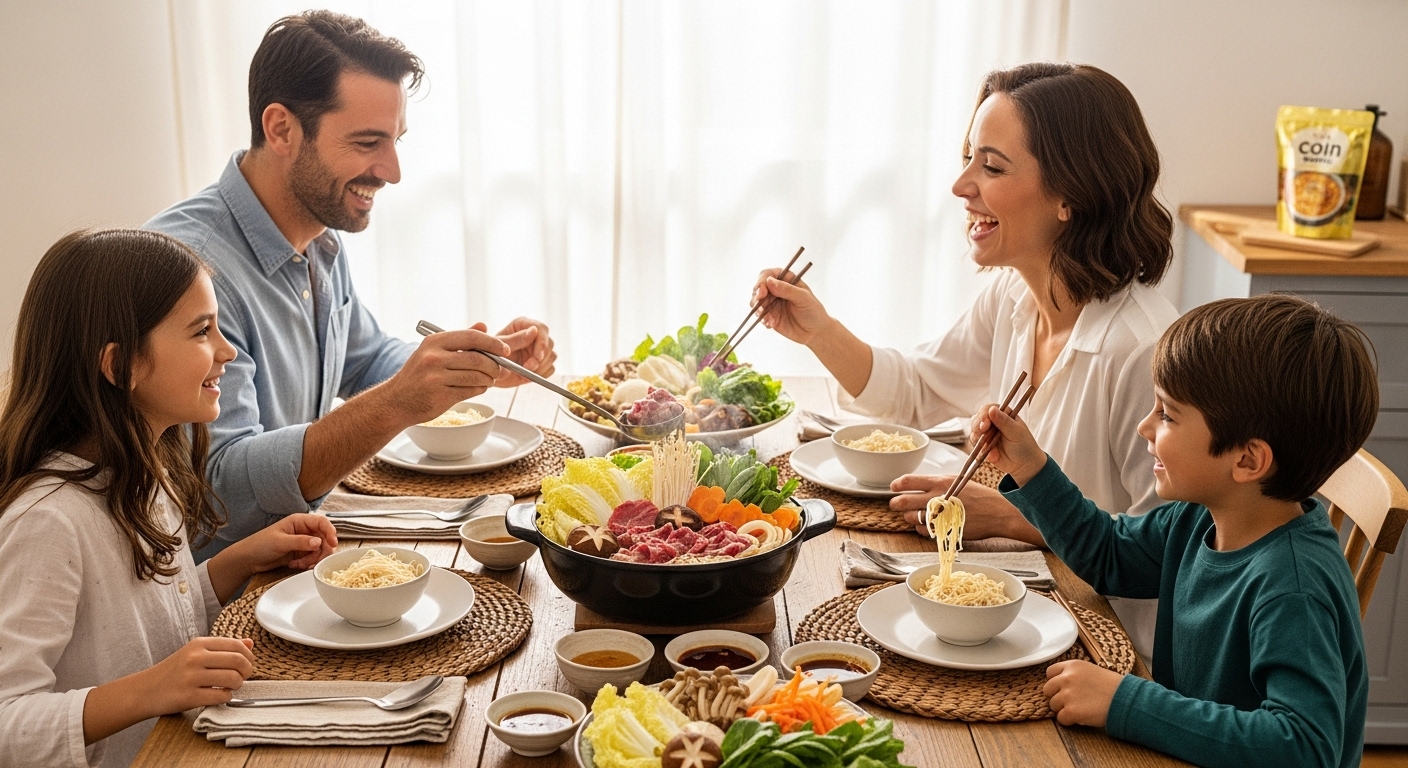 코인 육수로 만든 따뜻한 국물 요리를 즐기는 가족의 행복한 식사 모습