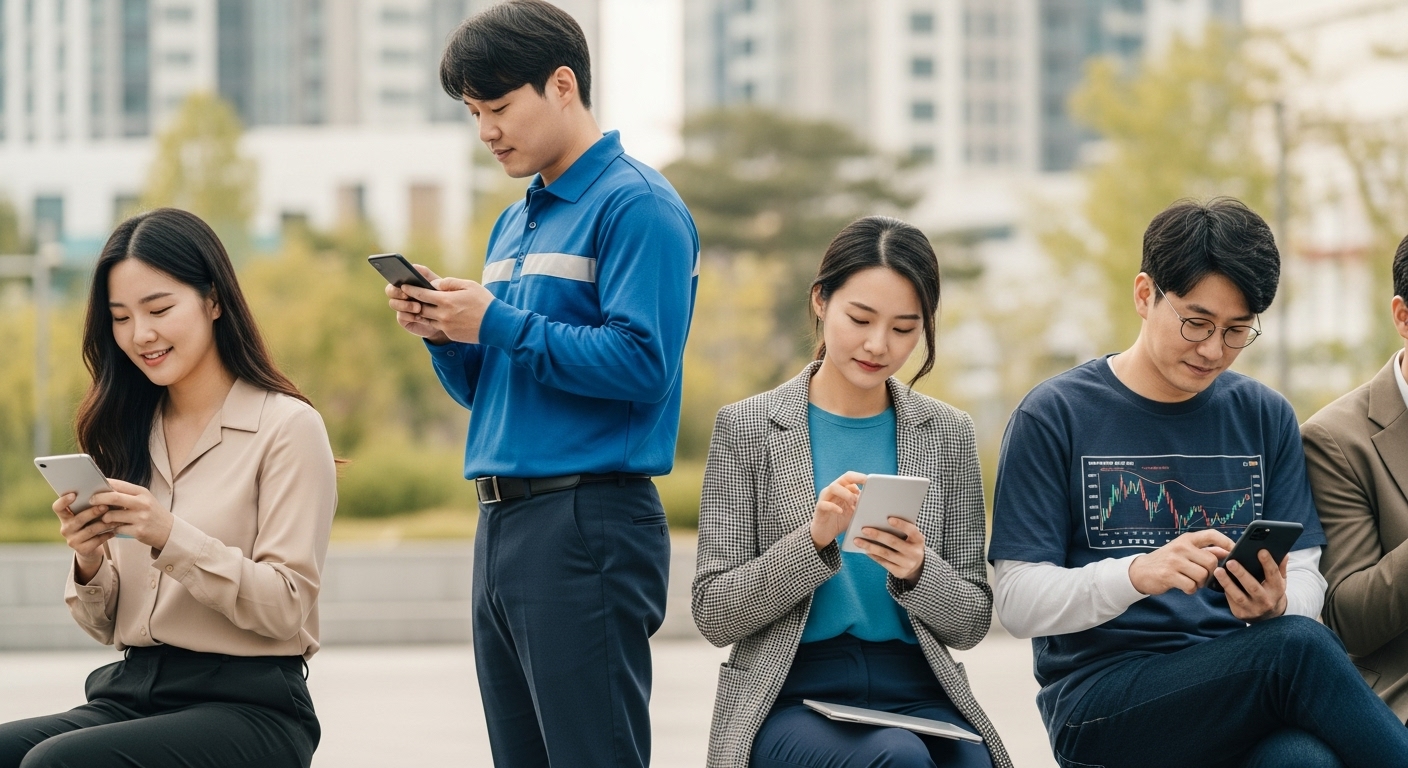 다양한 한국인들이 공원 벤치에서 스마트폰으로 금융 투자 정보나 소득 신고 관련 내용을 확인하는 모습