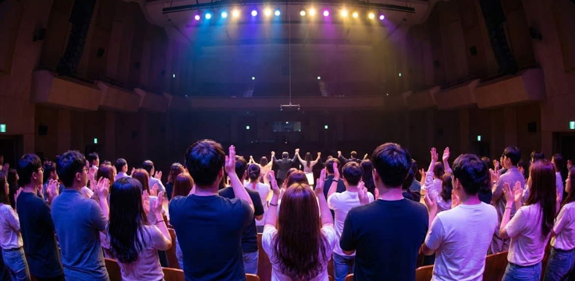 화려한 공연장에서 박수 치는 청년들
