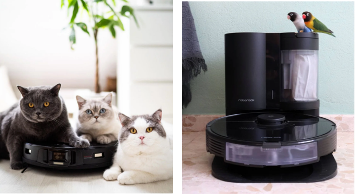 왼쪽은 로봇청소기 위에 고양이 세마리가 앉아 있고 우측에는 로봇 청소기가 충전중인 사진입니다.