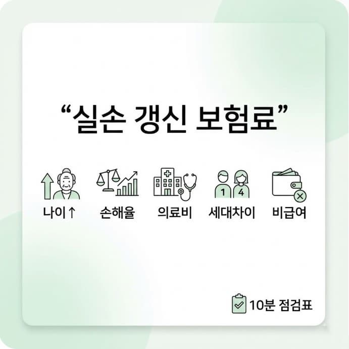 실손보험 갱신 시 보험료가 오르는 5가지 이유와 10분 점검표를 요약한 인포그래픽