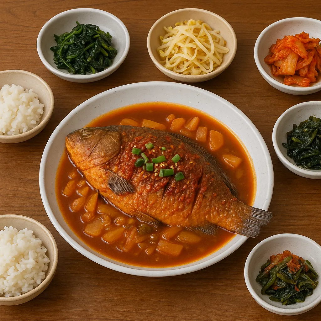 잉어찜과 함께 차려진 한국식 반찬 한상차림 모습