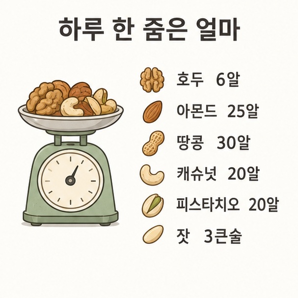 견과류 하루 30g 분량표, 호두 6알과 아몬드 25알, 땅콩 30알 등 종류별 개수를 정리한 목록