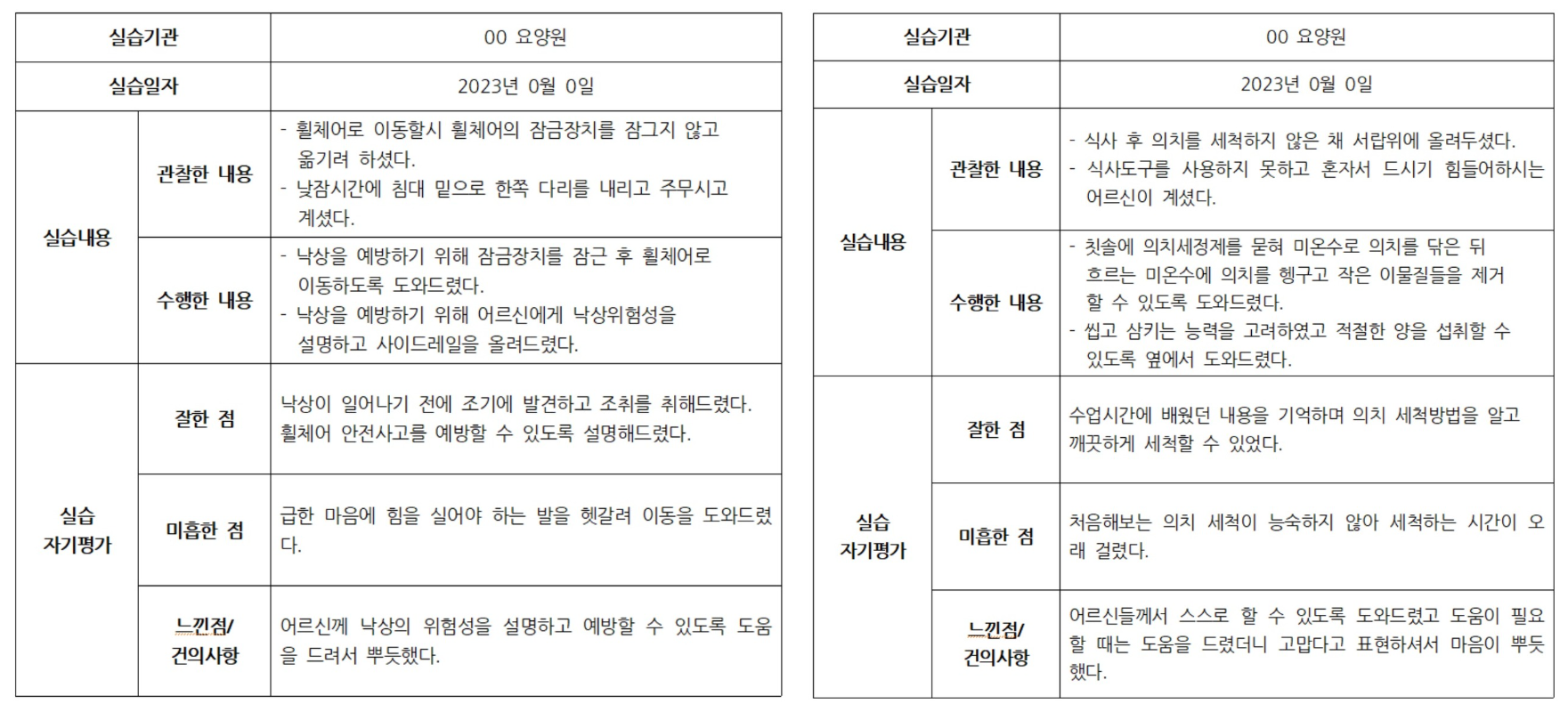 요양보호사 실습일지 예시