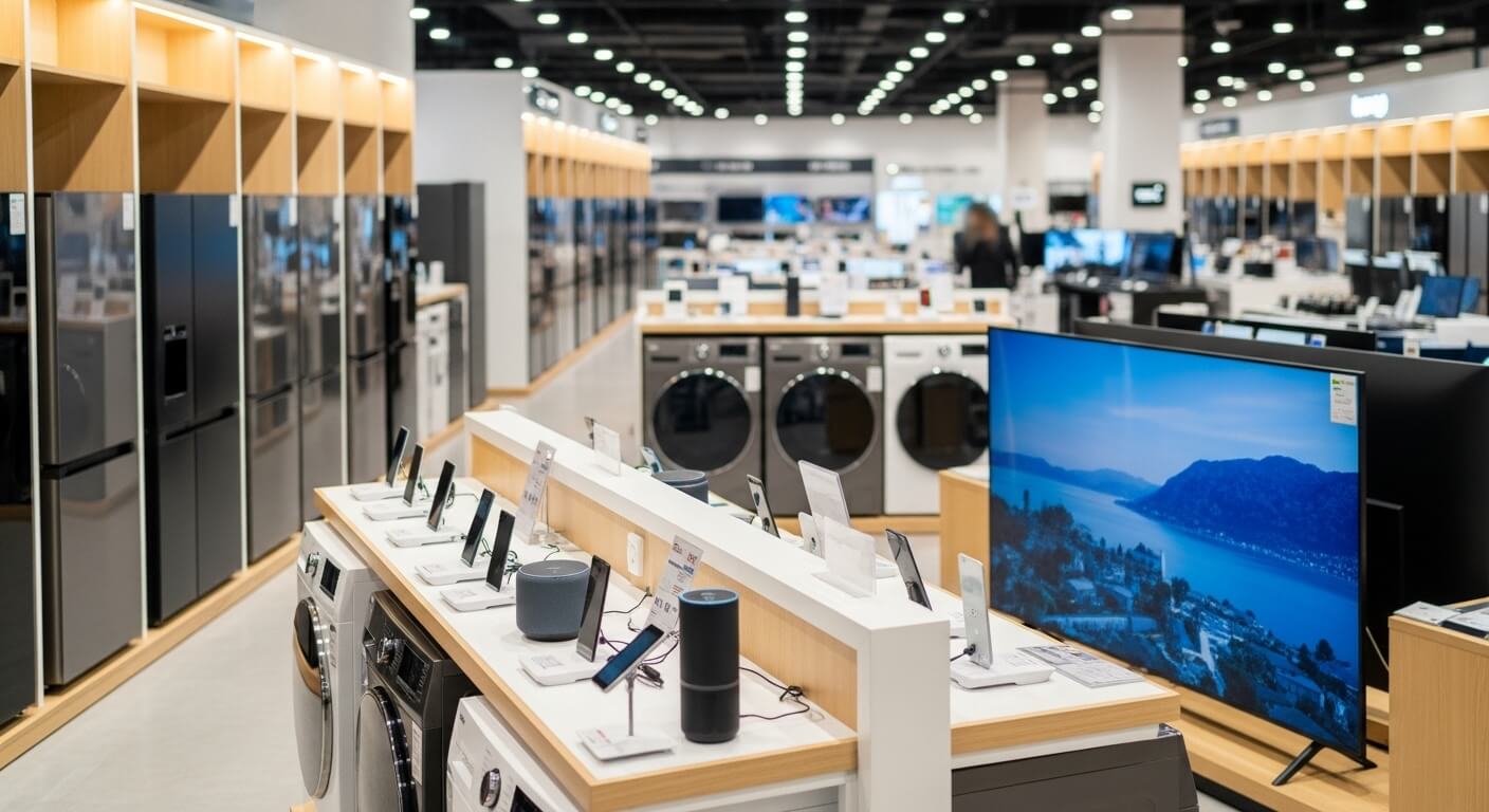 가전제품 전문 매장에서 다양한 가전과 TV를 살펴보는 전경