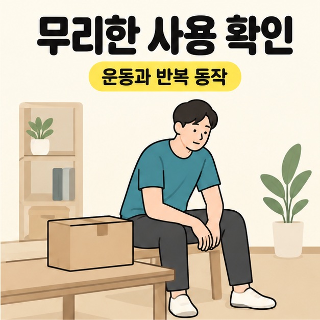 무리한 사용 확인과 운동과 반복 동작 문구 아래 작업대에 상자를 내려놓고 의자에 앉아 쉬는 성인의 삽화