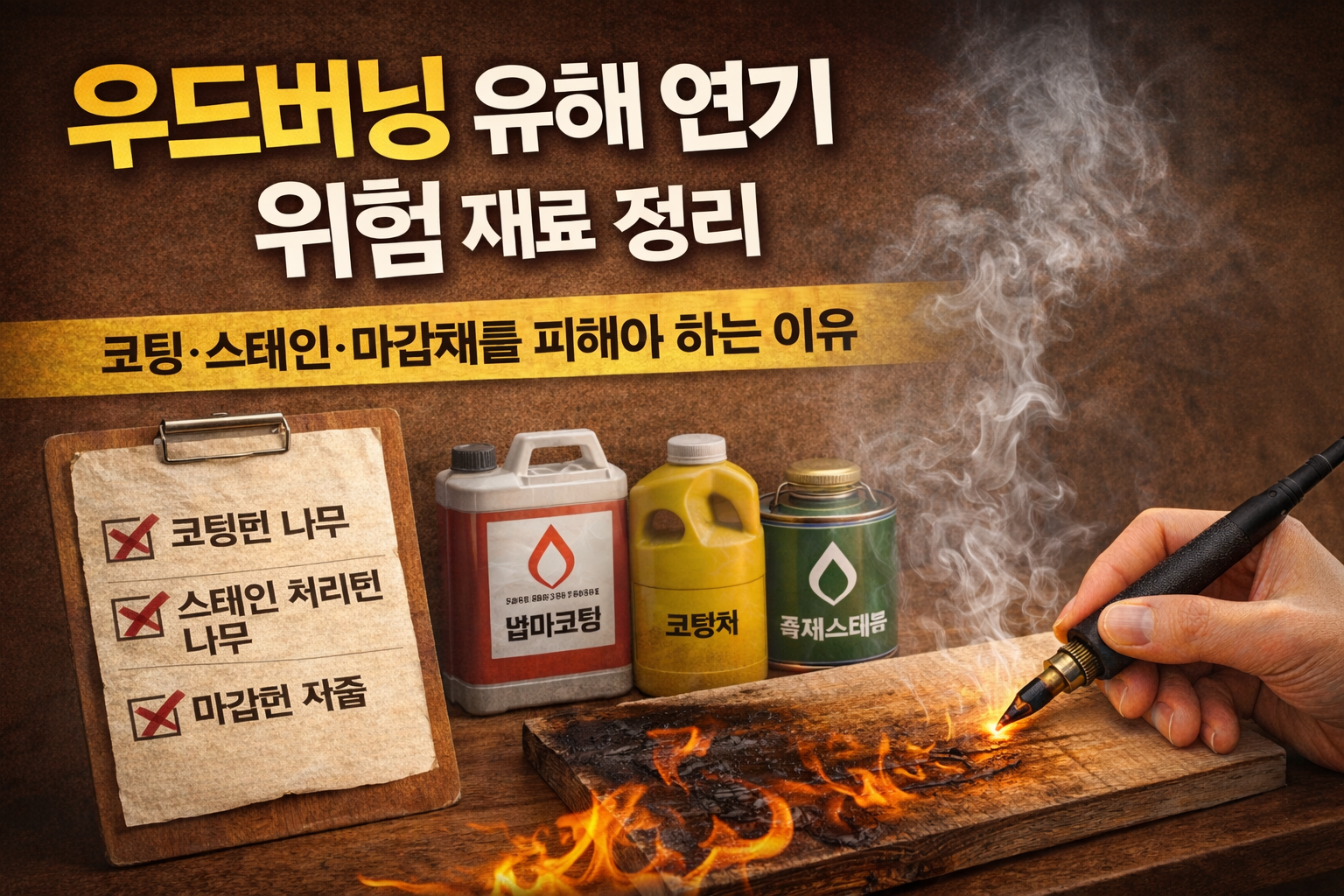 우드버닝 유해 연기 위험 재료 정리 - 코팅·스테인·마감재를 피해야 하는 이유