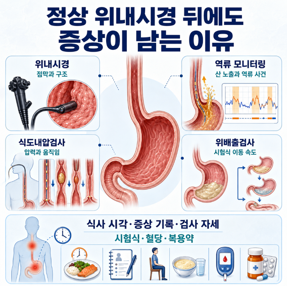 정상 위내시경 후 남는 증상과 역류·식도압력·위배출 기능검사 요약