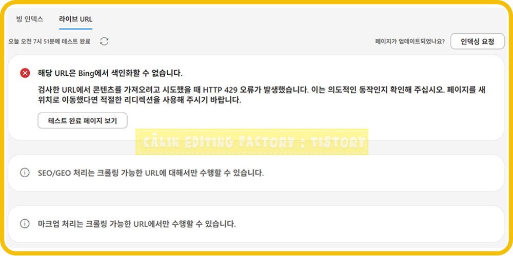 빙 웹마스터 도구에서 '해당 URL은 Bing에서 색인화할 수 없습니다. HTTP 429 오류가 발생했습니다'라는 메시지가 뜬 캡처 화면