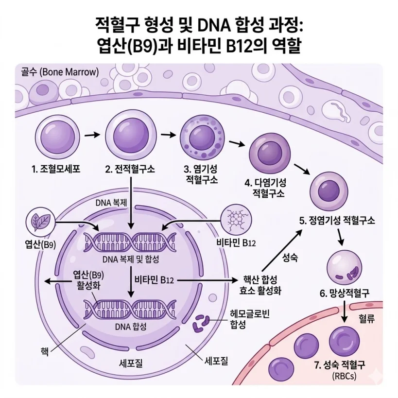엽산 B9과 비타민 B12가 적혈구 형성과 DNA 합성에 미치는 영향 의학 일러스트