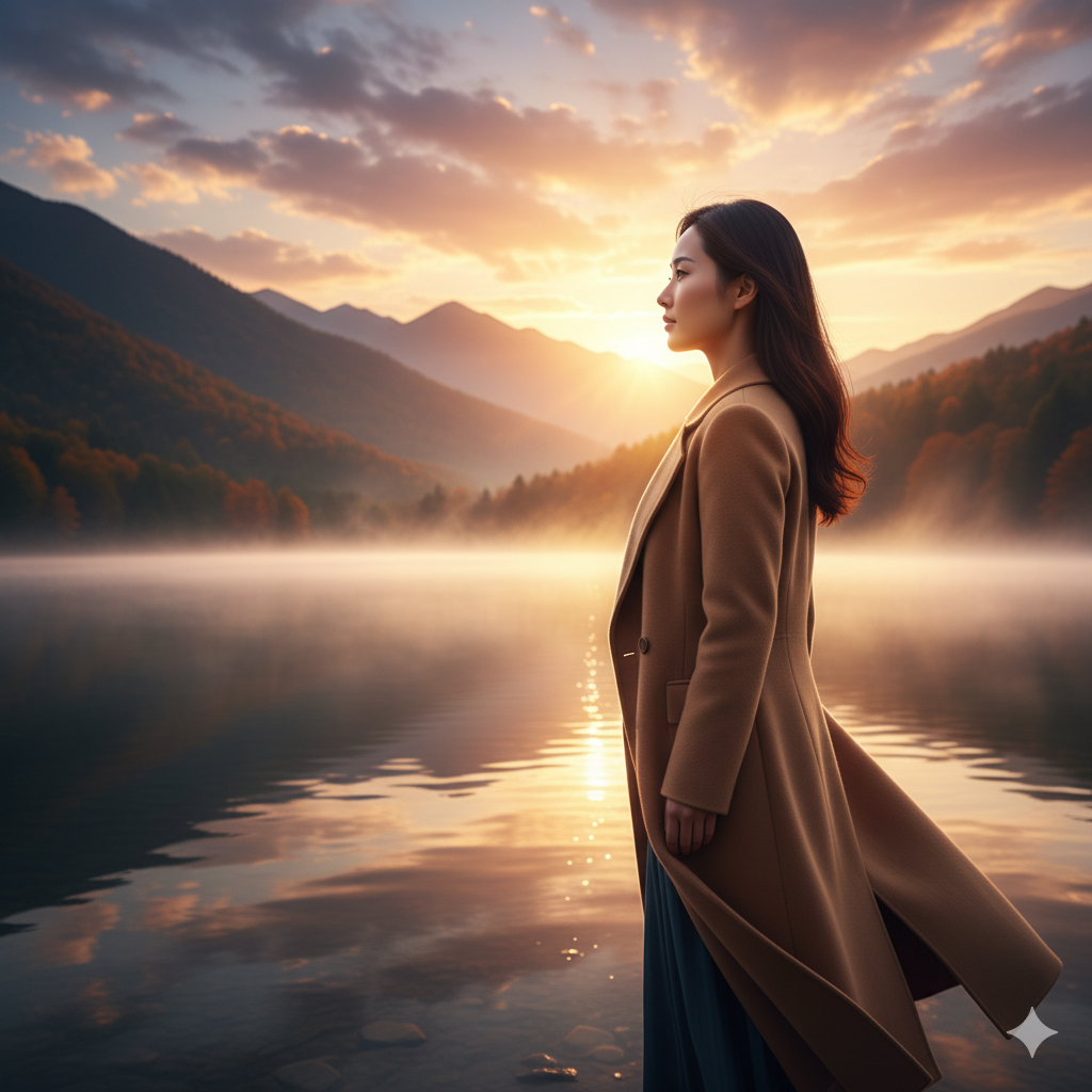 새벽 안개 속 호수변에서 새로운 시작을 다짐하는 지적인 여성의 모습