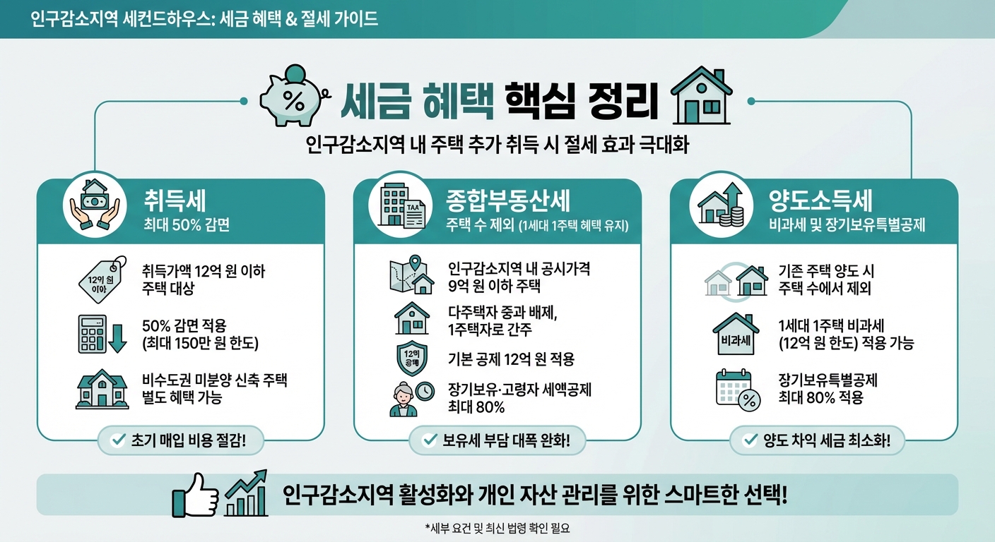 인구감소지역 세컨드홈 특례로 인한 취득세, 종부세, 양도세 절세 효과를 시각적으로 보여주는 인포그래픽.