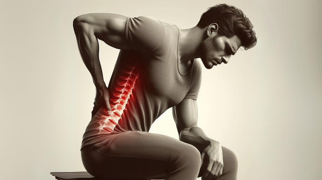 남성이 앉아서 혀리 통증을 느끼는 모습