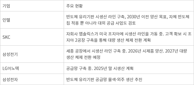 기업별 유리기판 주요 현황