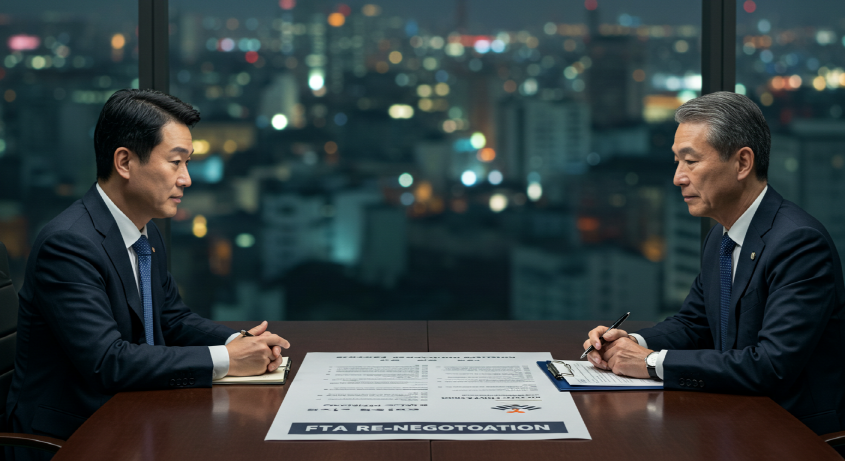 한국인과 외국인 협상가가 'FTA 재협상' 문서를 두고 진지하게 논의하는 모습