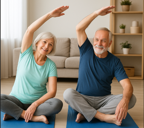 운동 매트를 깔고 실내에서 가벼운 스트레칭을 하는 시니어 남녀