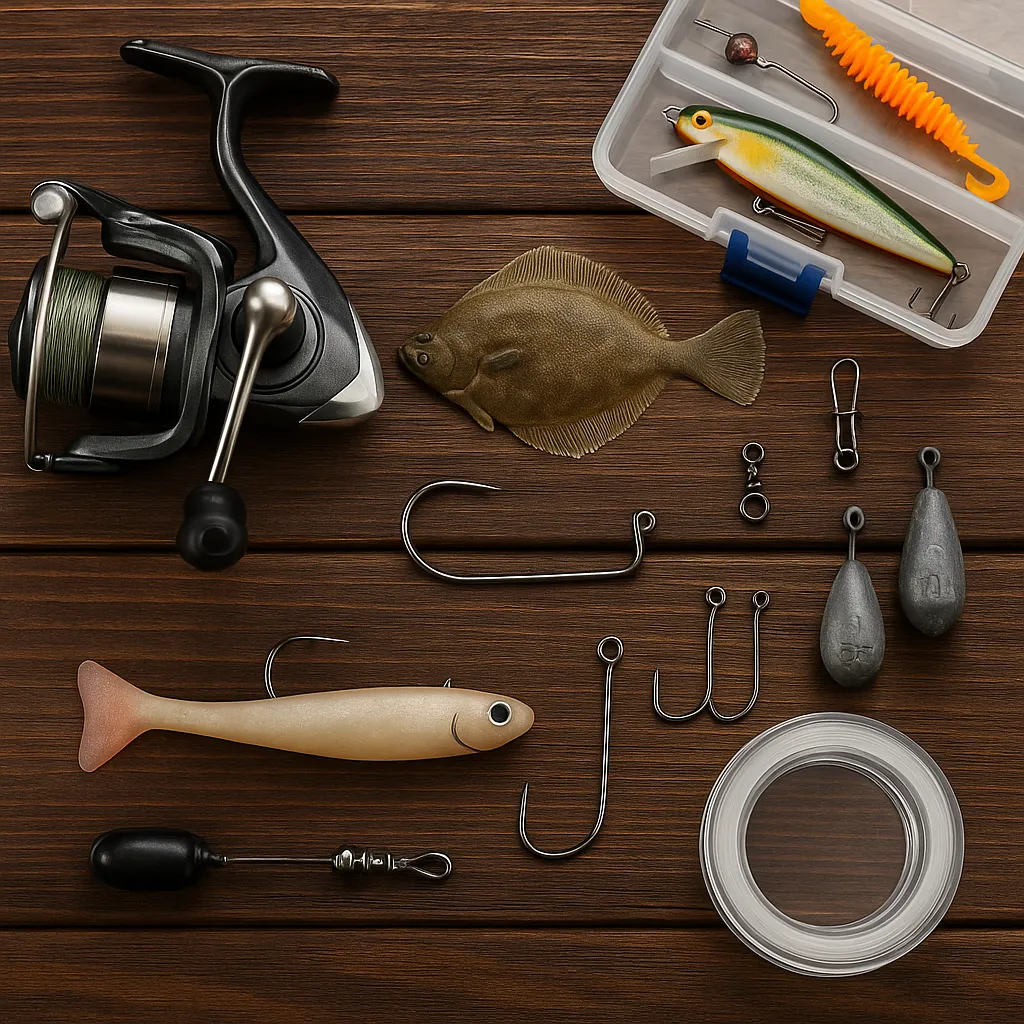 광어 낚시용품이 정리된 낚시 테이블 위 모습