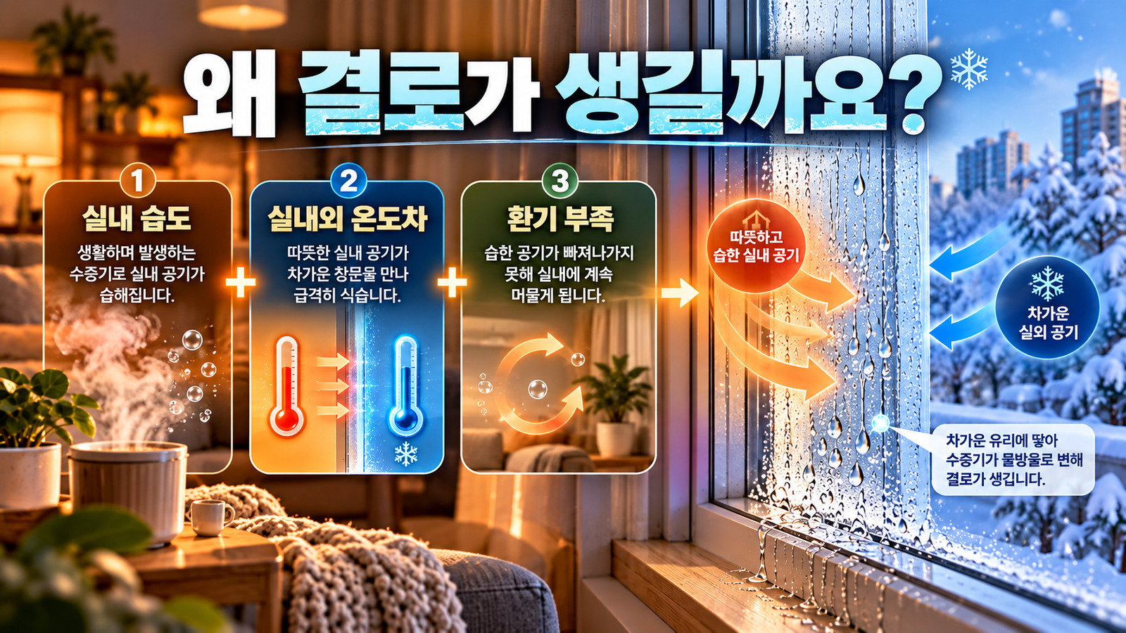 실내 습도와 차가운 창문 표면, 부족한 환기가 결로에 영향을 주는 과정을 겨울 창가 단면과 화살표로 설명한 인포그래픽
