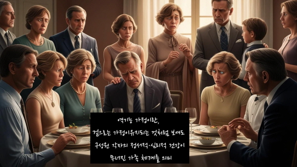 역기능 가정이란, 겉으로는 유지되는 것처럼 보여도 구성원 각자의 정서적·심리적 건강이 무너지는 가족 체계를 의미에 관한 그림