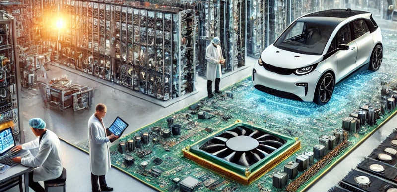 연구실에서 사람들이 반도체와 자동차 실험을 하는 모습