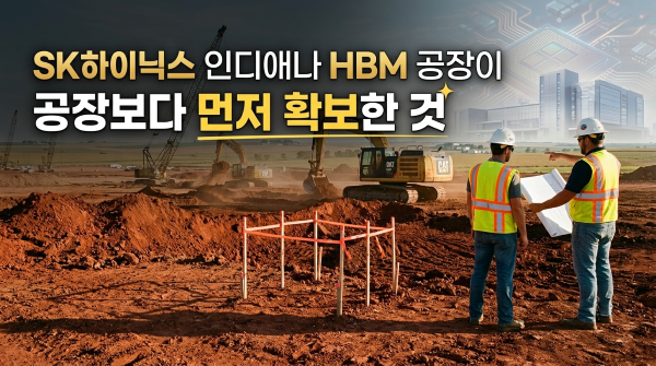 미국 중서부 평원의 반도체 공장 건설 부지에서 엔지니어들이 도면을 보며 굴착 현장을 살펴보는 모습.