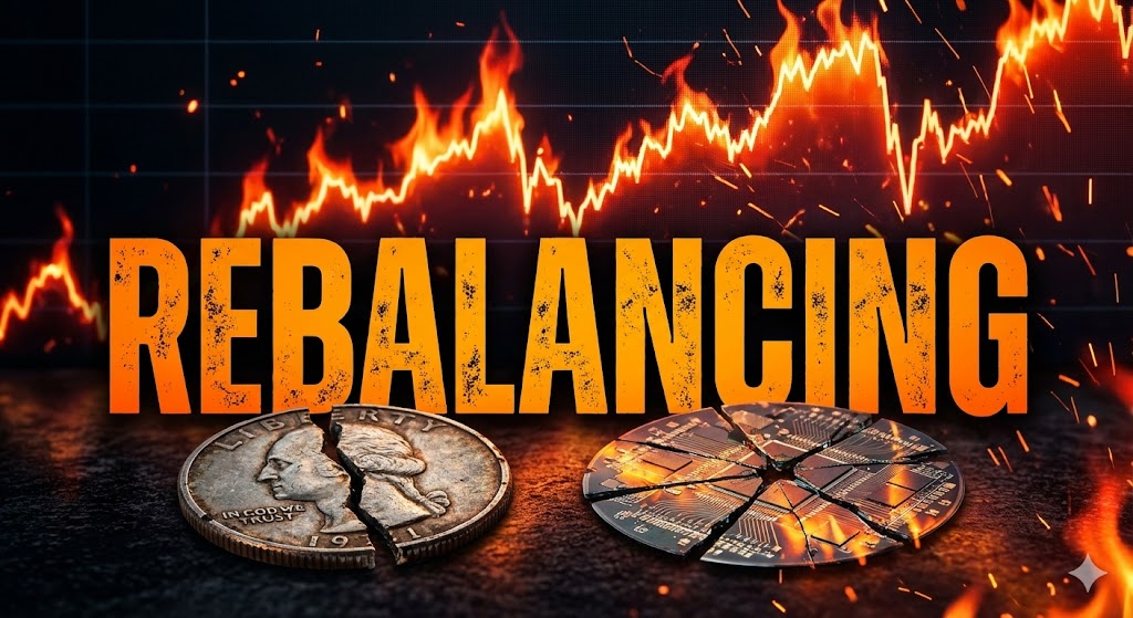 붉게 타오르는 하락장 그래프 앞에 깨진 은(Silver) 조각과 눈물을 흘리는 반도체 칩, 그리고 '리밸런싱이 살길이다'라는 문구가 적힌 임팩트 있는 이미지