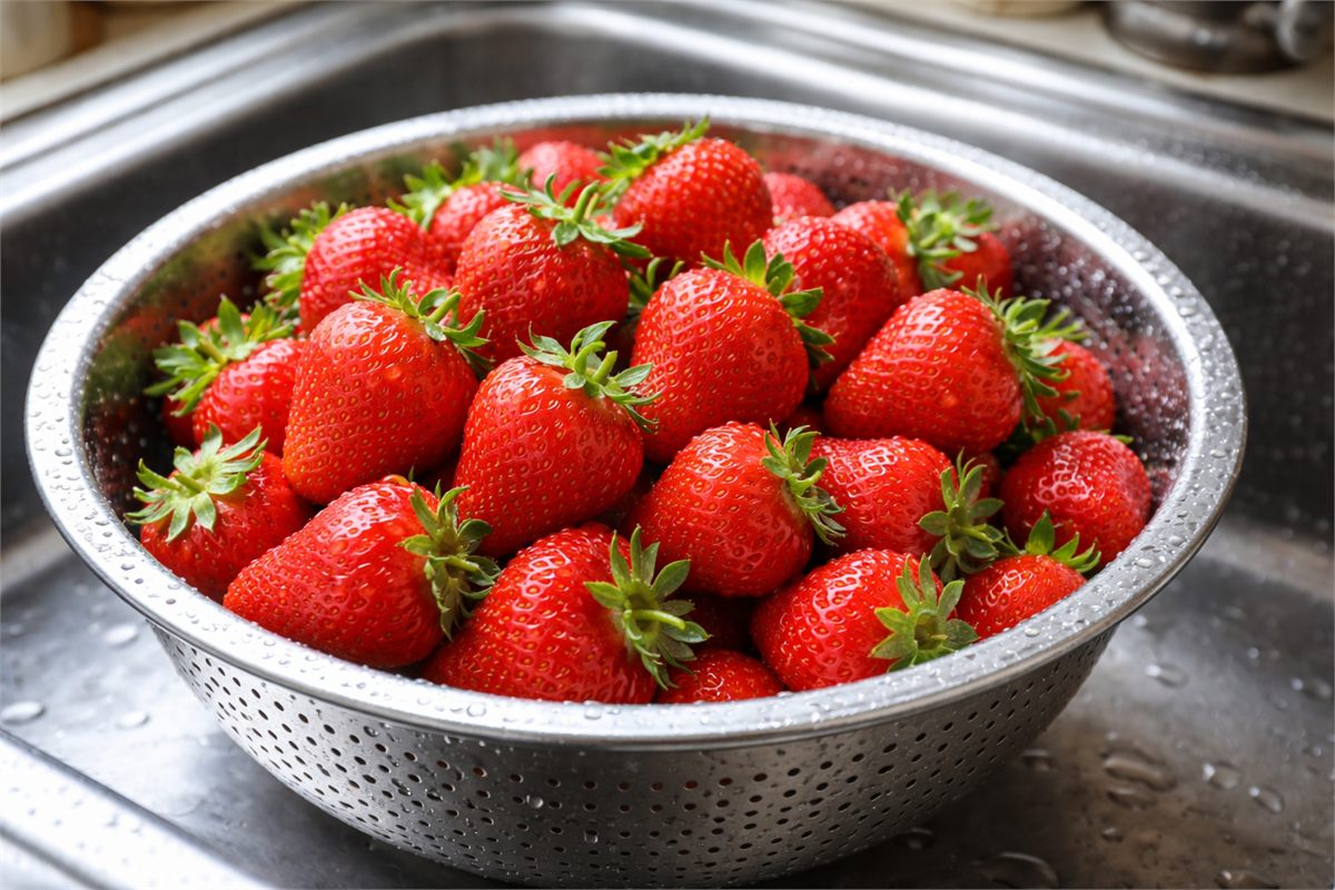 꼭지가 붙은 딸기가 채반에 담긴 세척 전 모습 