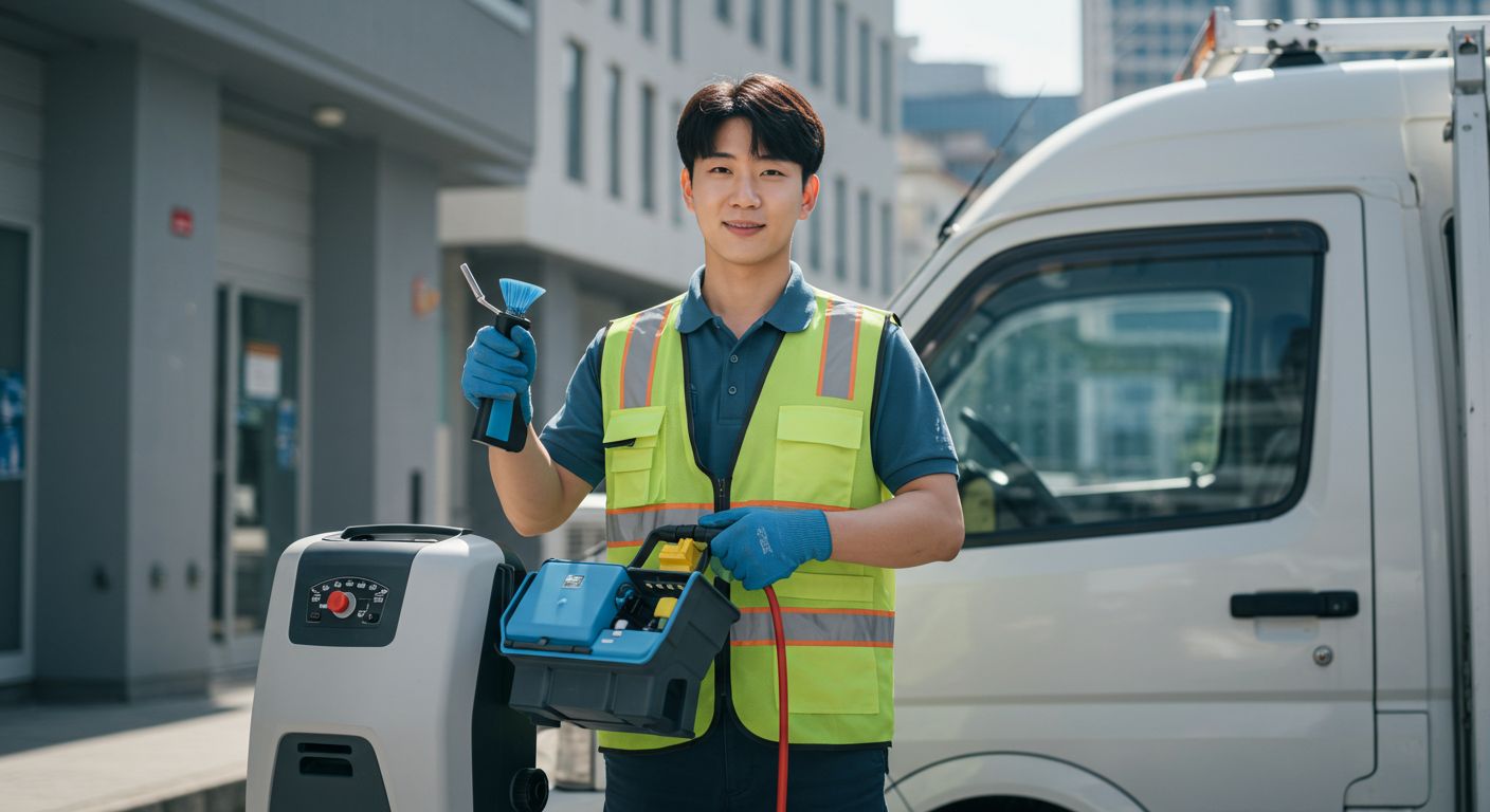 에어컨 청소 창업을 준비하는 한국 청년이 장비를 점검하는 모습