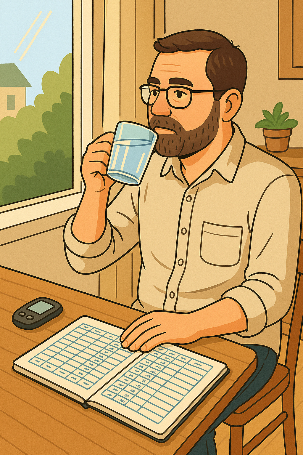 “창가에 앉아 따뜻한 물을 마시는 중년 남성의 아침 일러스트. 식탁 위에는 혈당 측정기와 노트가 놓여 있고, 부드러운 햇살이 비치는 따뜻한 파스텔톤의 그림.”