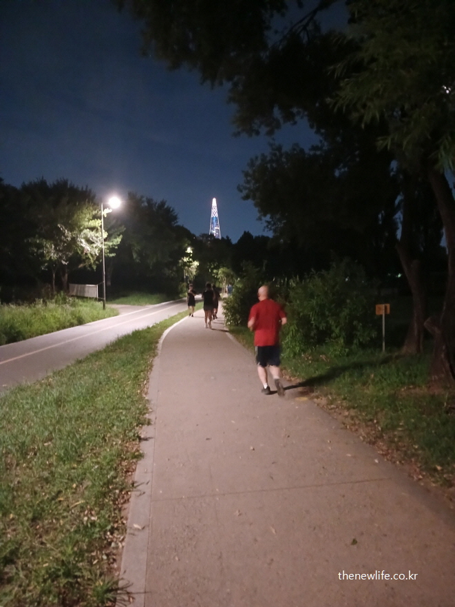 야간 산책로에서 초보자가 짧은 구간을 천천히 달리며 슬로우 조깅을 실천하는 모습