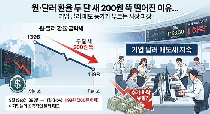 원·달러 환율 급락과 기업 달러 매도 상황을 나타낸 인포그래픽.