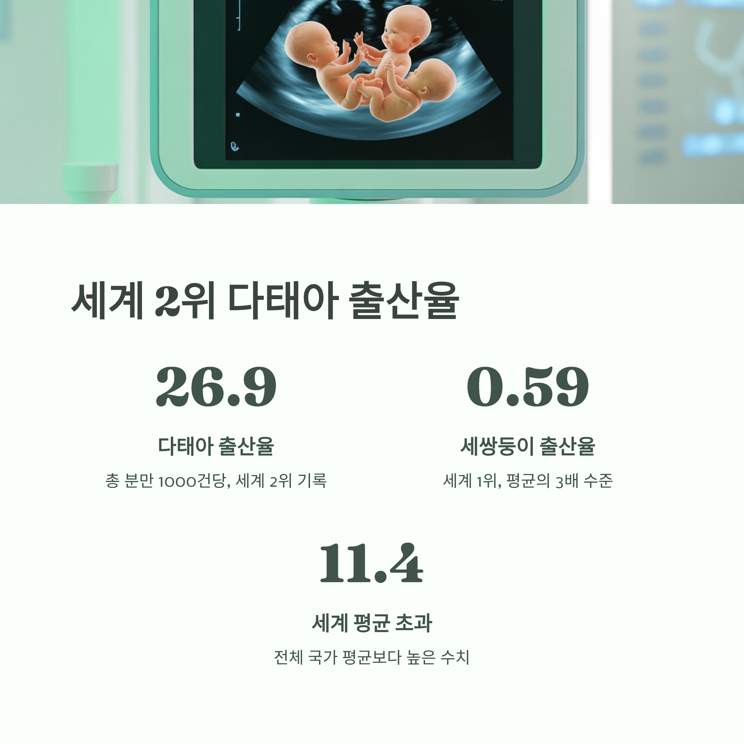 한국의 다태아 출산율이 세계 2위, 세쌍둥이 출산율이 세계 1위임을 시각화한 인포그래픽 이미지