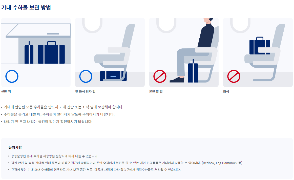 항공기 기내 휴대 수하물 허용량, 규격 및 보관 방법