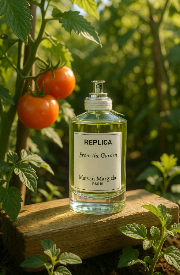 푸른 잎과 토마토가 있는 정원 배경에 메종 마르지엘라 향수 병이 놓여있는 이미지