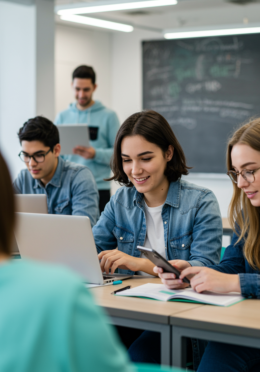 MZ대학생들이 강의실에서 노트북과 스마트폰으로 수업을 받아 기록하고 있는 사진 이미지