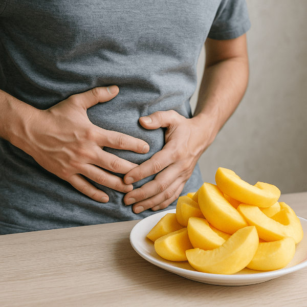 복숭아 과다섭취로 복통을 호소하는 사람 이미지