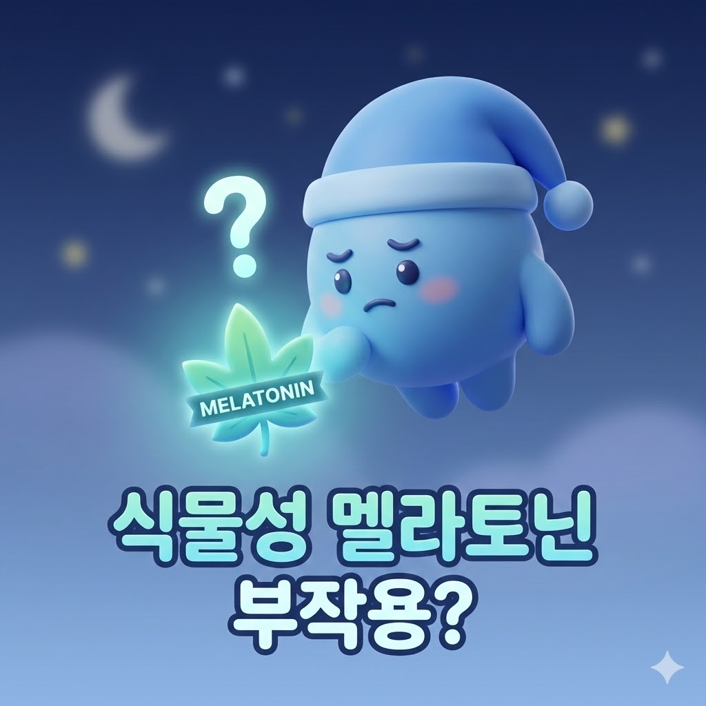 잠옷을 입은 귀여운 캐릭터가 식물성 멜라토닌 잎을 보며 걱정하는 모습. '식물성 멜라토닌 부작용?'이라는 문구가 적혀있어 의문을 던집니다.