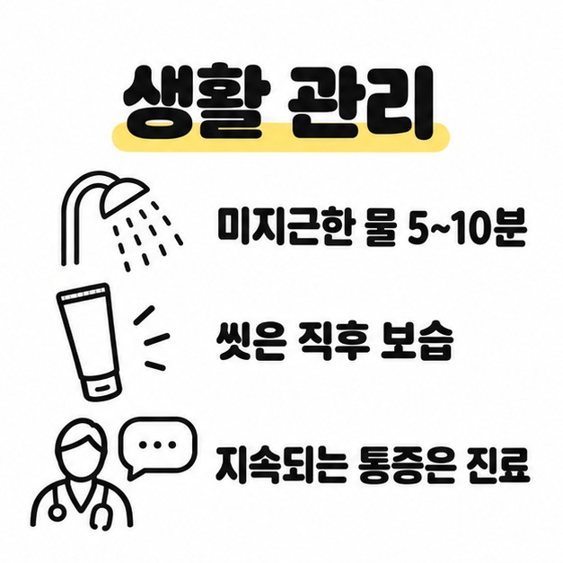 샤워기, 보습제, 의료진 상담 그림으로 미지근한 물에서 5~10분 씻기, 씻은 직후 보습, 지속되는 통증의 진료를 안내하는 이미지