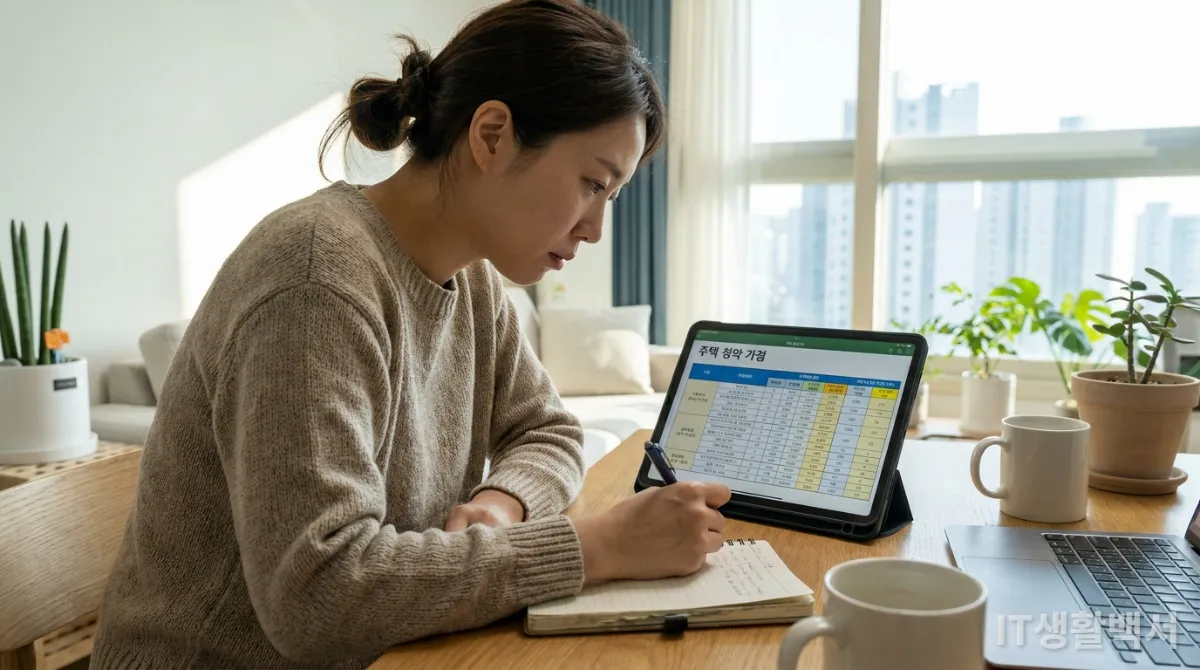 젊은 한국인 여성이 집에서 태블릿으로 청약 가점표를 꼼꼼히 확인하는 모습