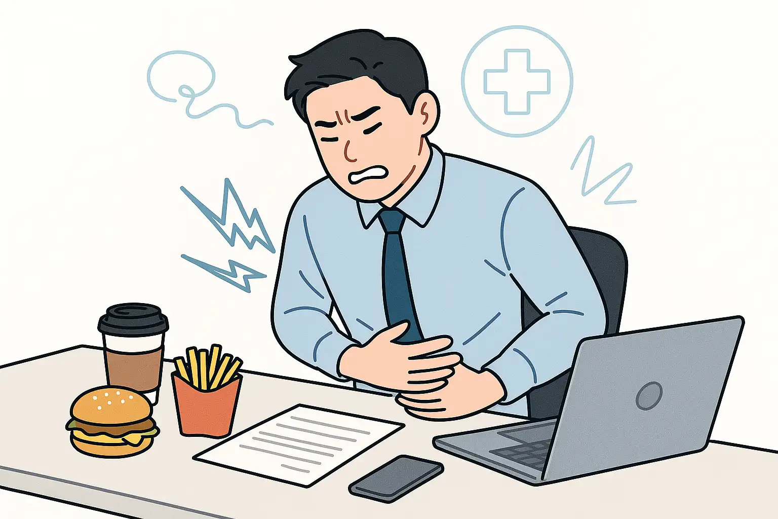 사무실 책상 위 커피와 패스트푸드, 스트레스 표정으로 복부를 누르고 있는 직장인 남성