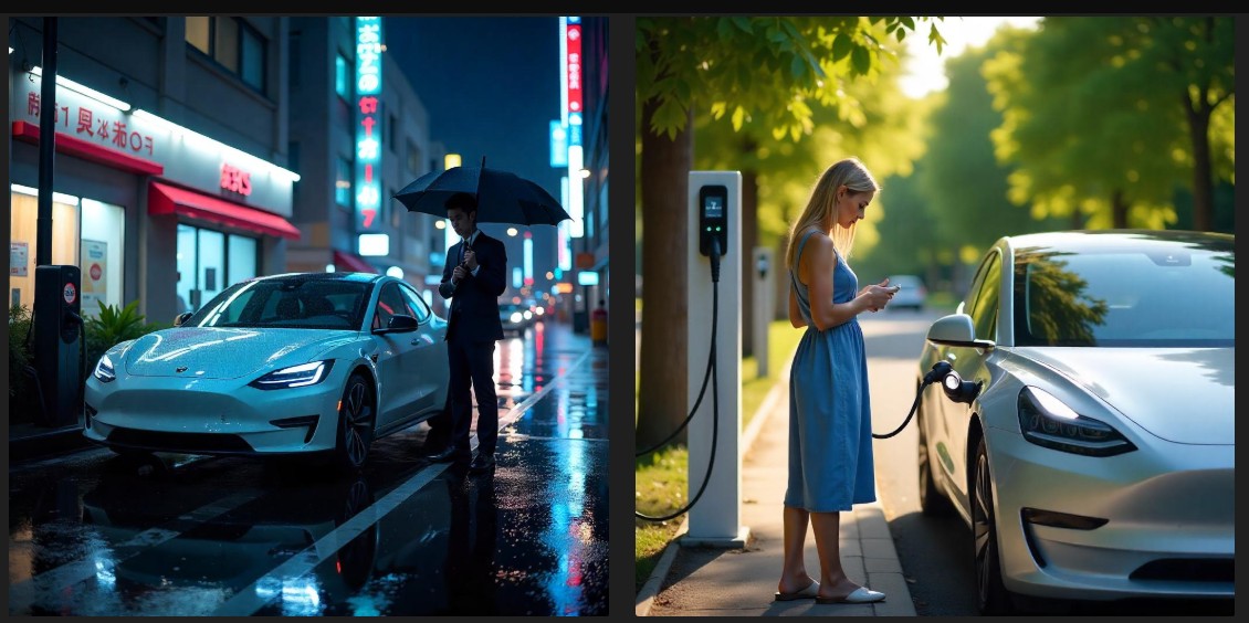 전기차 출발전 모습과 전기차 충전 모습