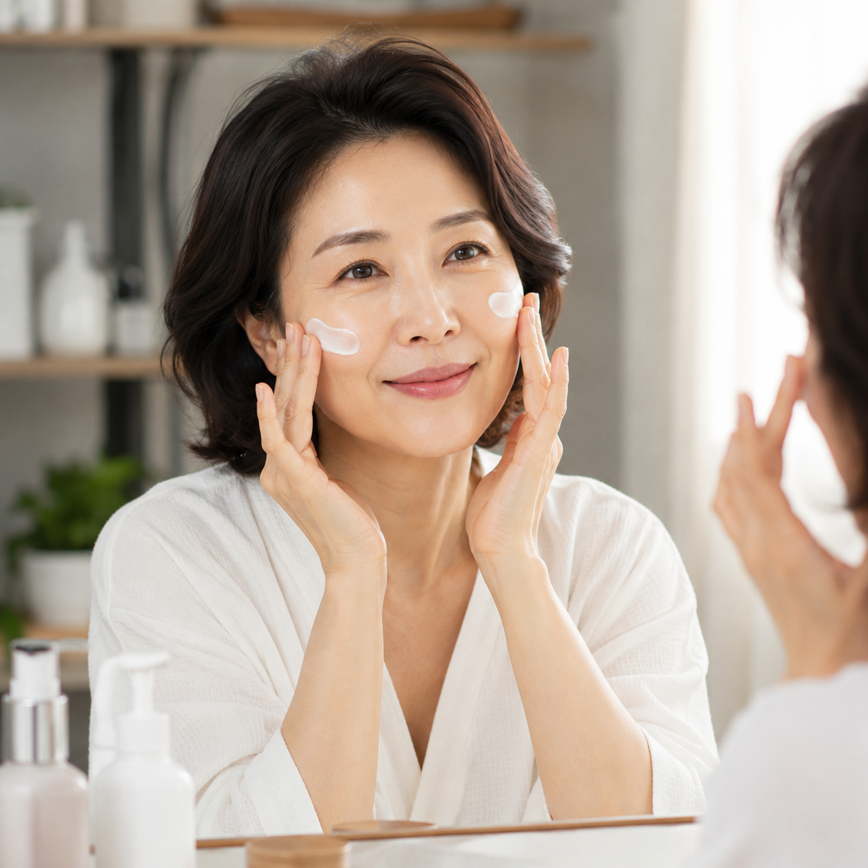 중년 여성이 피부관리 하는 사진