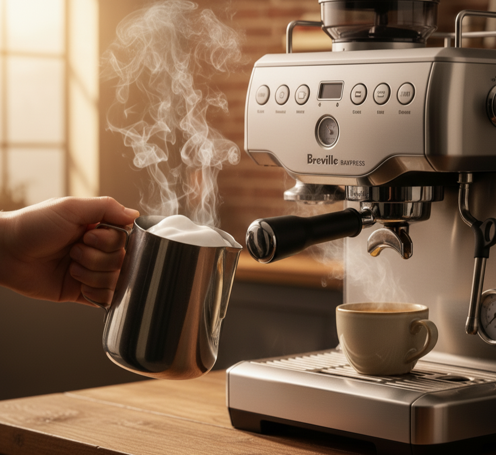 브레빌 바리스타 익스프레스 반자동 커피머신에서 스팀 우유를 내리는 모습