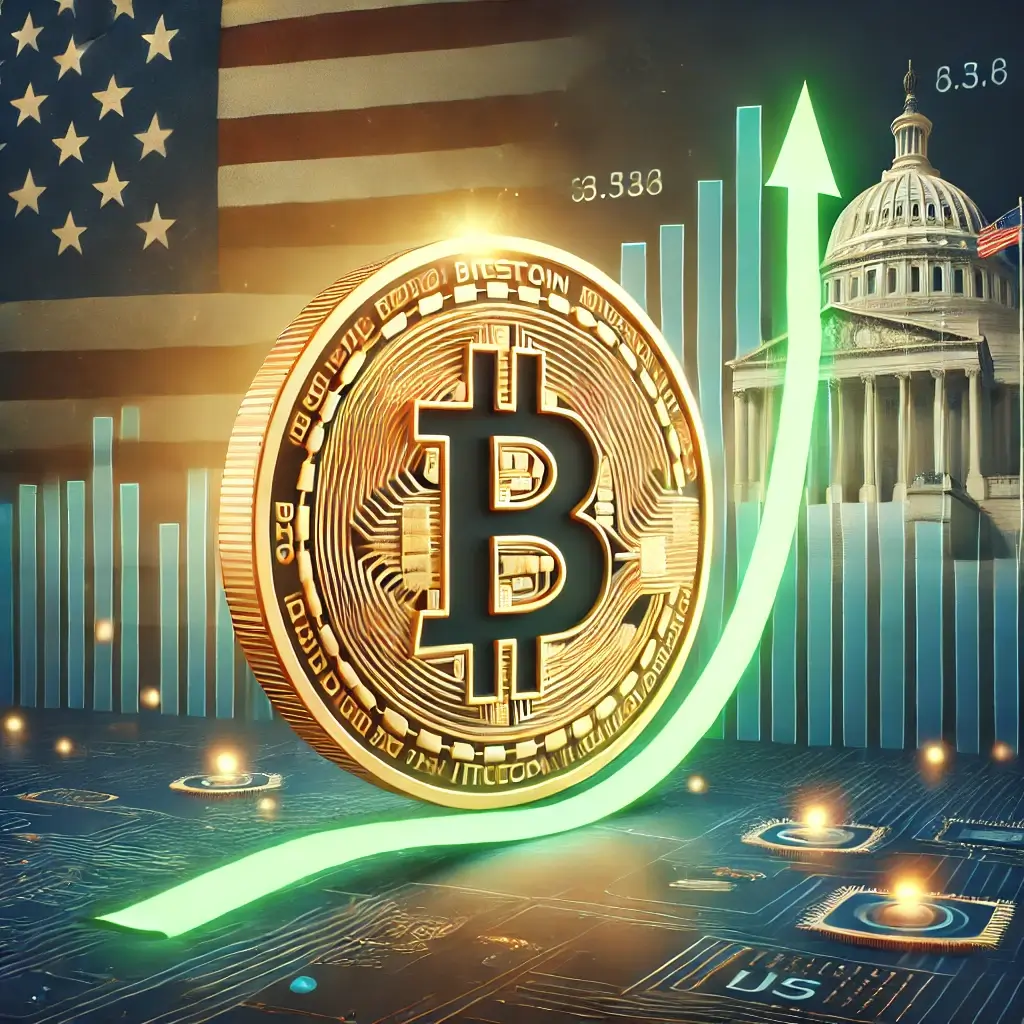 비트코인 가격 상승과 정책 영향을 상징하는 그래프와 빛나는 비트코인 심볼 일러스트.