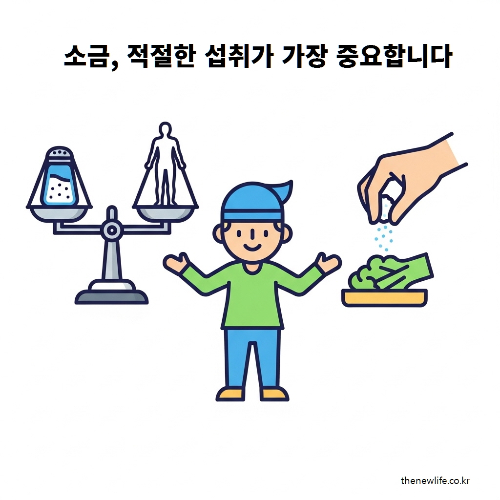 소금의 적절한 섭취를 강조하는 일러스트 – 소금과 사람의 균형 저울, 음식에 소금을 뿌리는 모습 포함