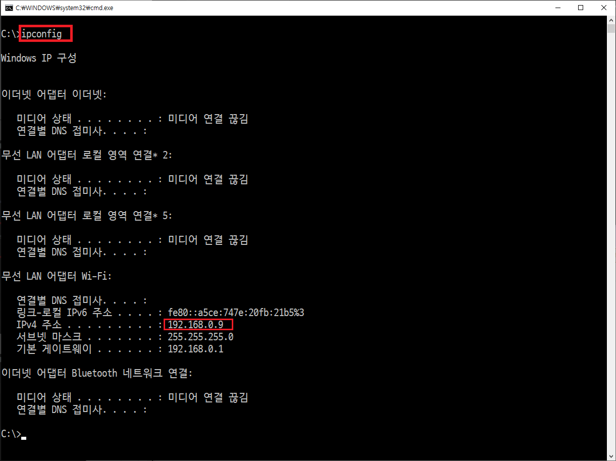 windows cmd창 ipconfig 실행 화면