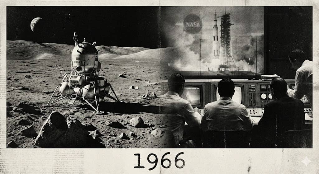 1966년 병오년 소련 루나9호 달 착륙 성공 미소 냉전 우주 경쟁 흑백 합성 이미지
