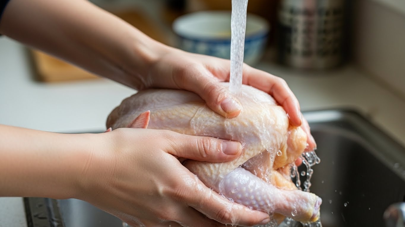 집에서 닭을 깨끗이 씻어 손질하는 과정