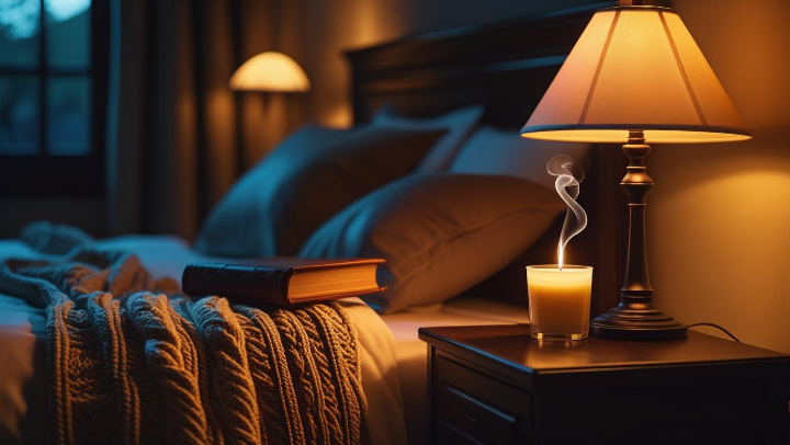 은은한 조명의 아늑한 침실 사진 위에 ‘숙면은 작은 루틴에서 시작된다’는 문구가 적힌 감성형 마무리 이미지