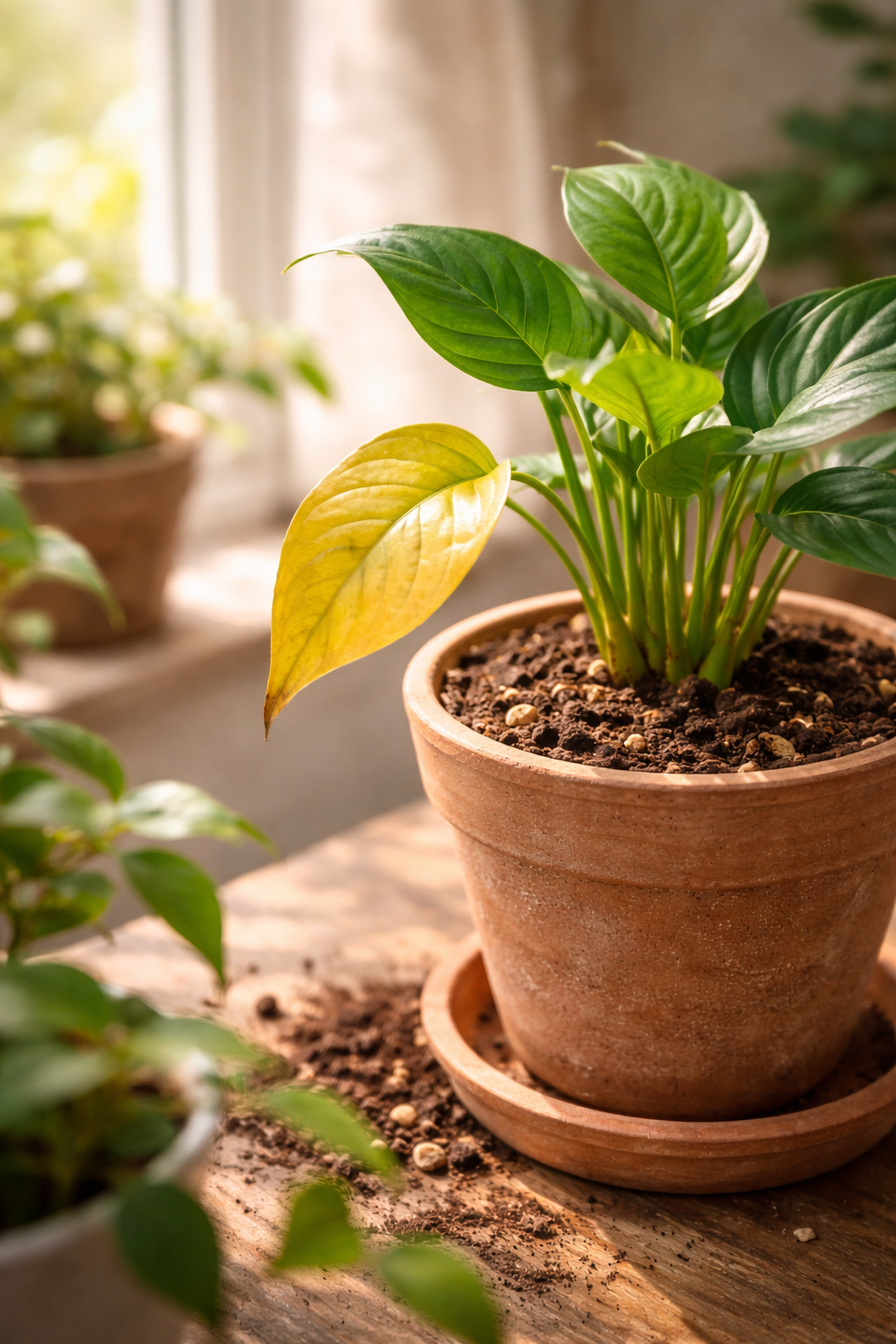 노랗게 잎이 시든 화분